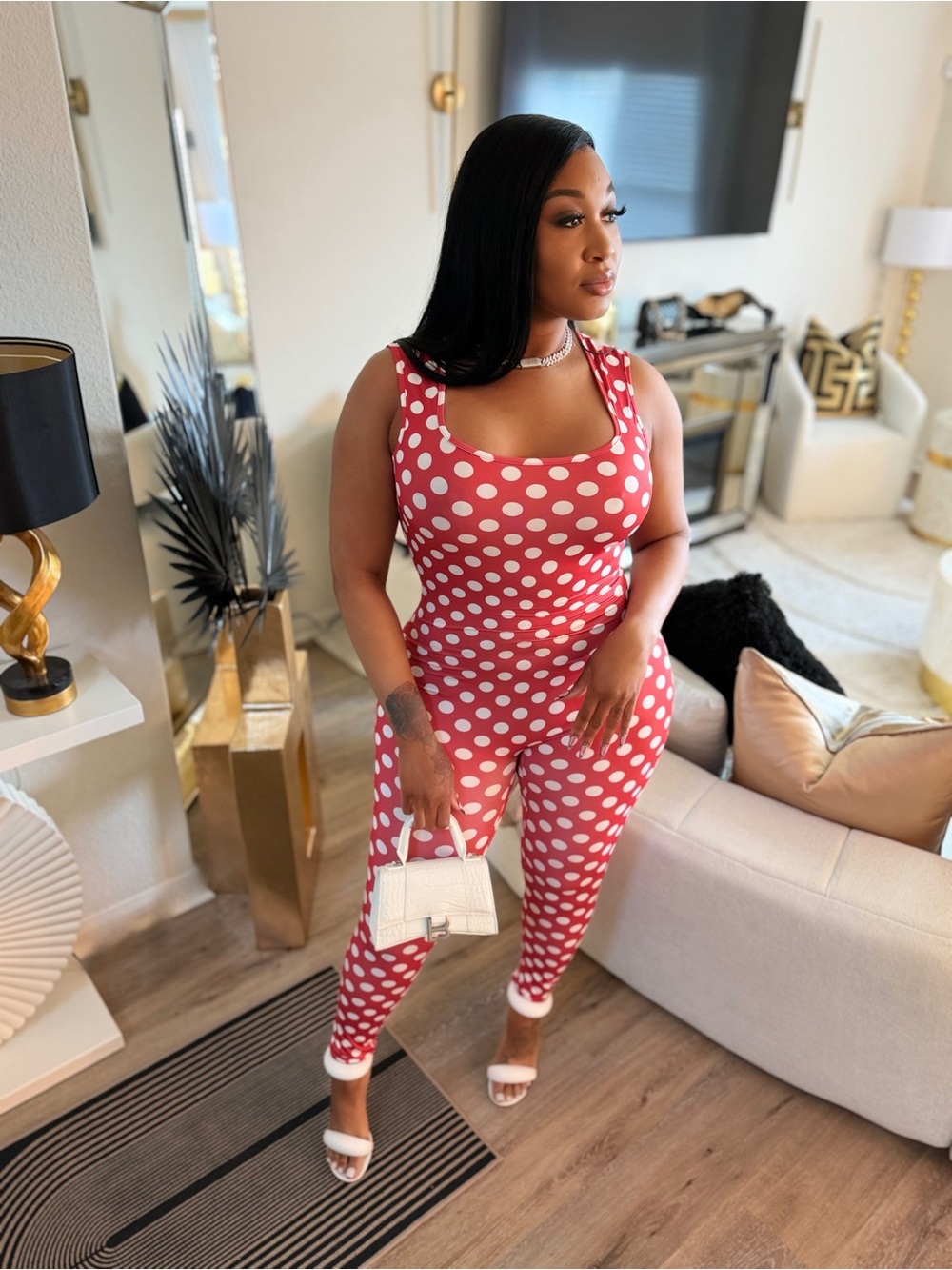 Polka Dot Red Tank Jumpsuit - Women's Stretch One-Piece